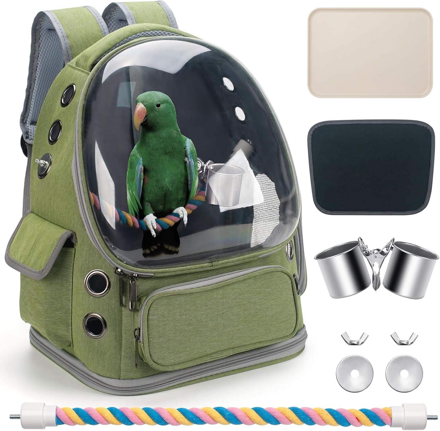 Bird Backpack Carrier Travel Cage with Perch, Tray, and Ventilated Clear Window for Cockatiels, Caiques, Conures, and Quakers - Ideal for Veterinary Visits, Camping, and Hiking (Green)