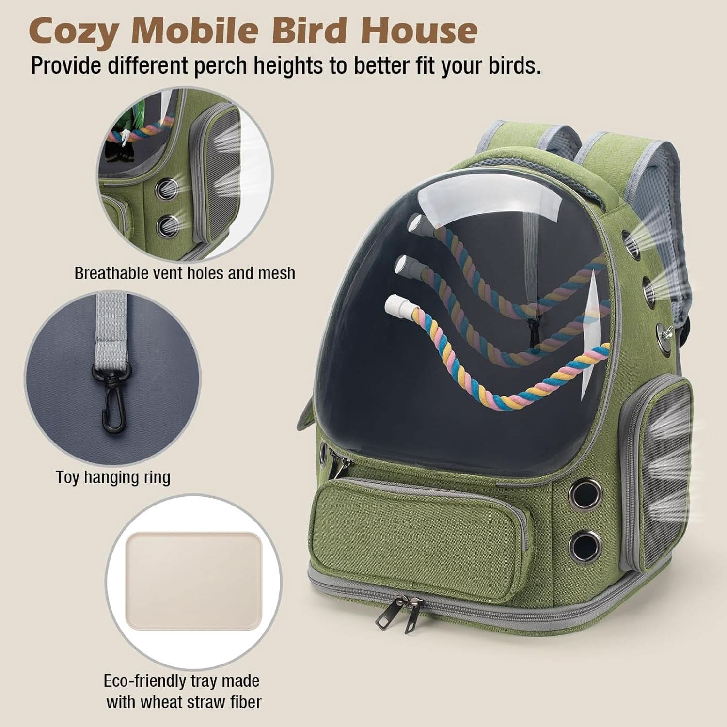 Bird Backpack Carrier Travel Cage with Perch, Tray, and Ventilated Clear Window for Cockatiels, Caiques, Conures, and Quakers - Ideal for Veterinary Visits, Camping, and Hiking (Green)