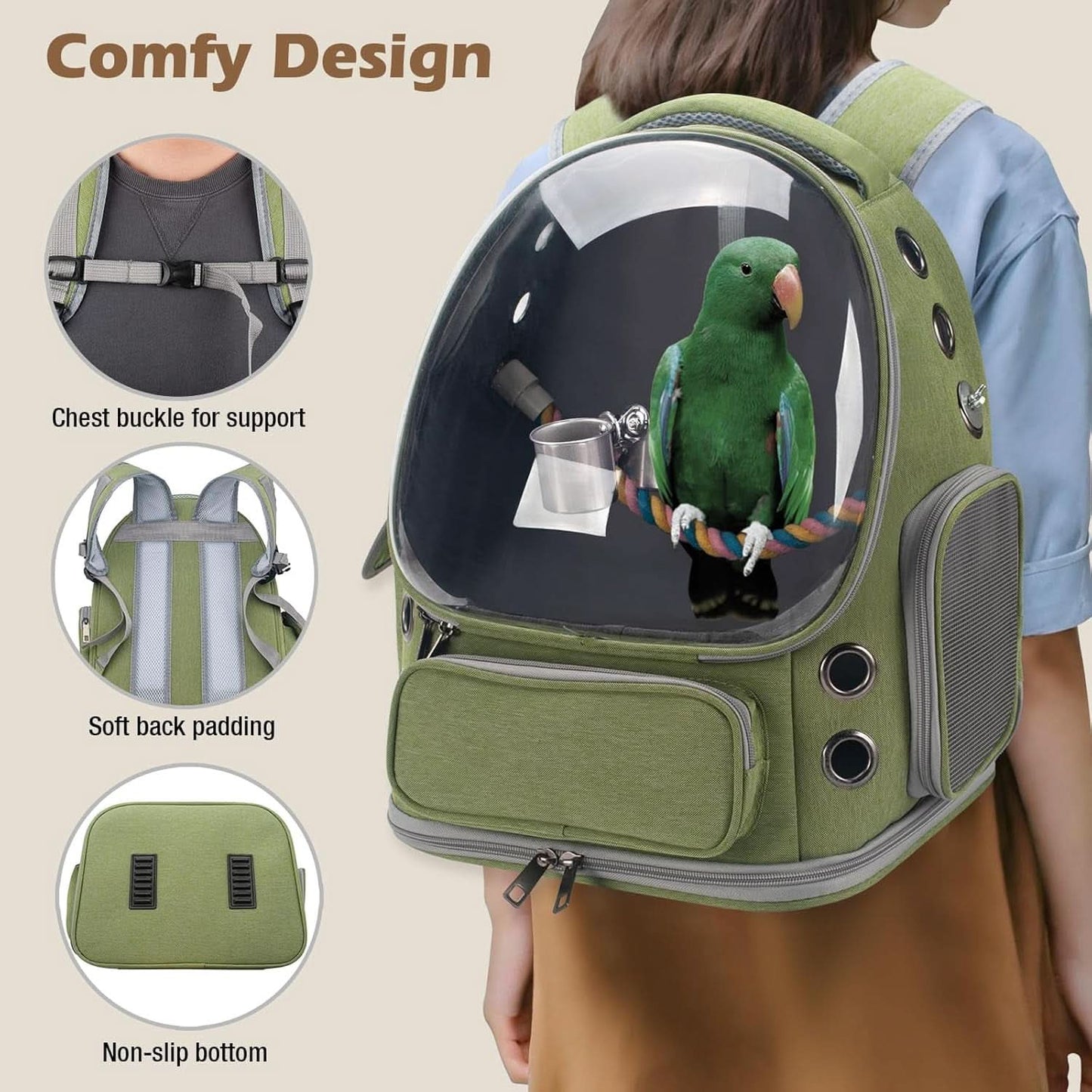 Bird Backpack Carrier Travel Cage with Perch, Tray, and Ventilated Clear Window for Cockatiels, Caiques, Conures, and Quakers - Ideal for Veterinary Visits, Camping, and Hiking (Green)