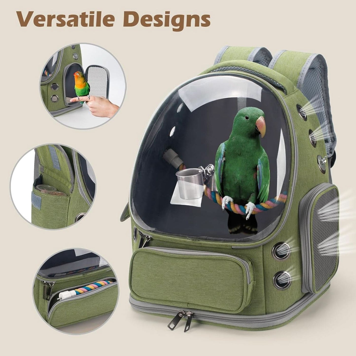 Bird Backpack Carrier Travel Cage with Perch, Tray, and Ventilated Clear Window for Cockatiels, Caiques, Conures, and Quakers - Ideal for Veterinary Visits, Camping, and Hiking (Green)