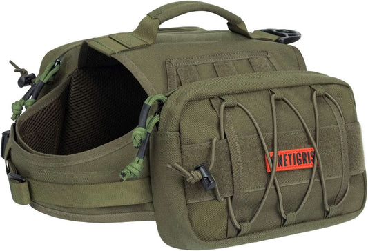 Tactical Dog Backpack for Medium and Large Breeds, Durable Nylon with Side Pockets for Hiking, Walking, Training, and Running (Green, Large)
