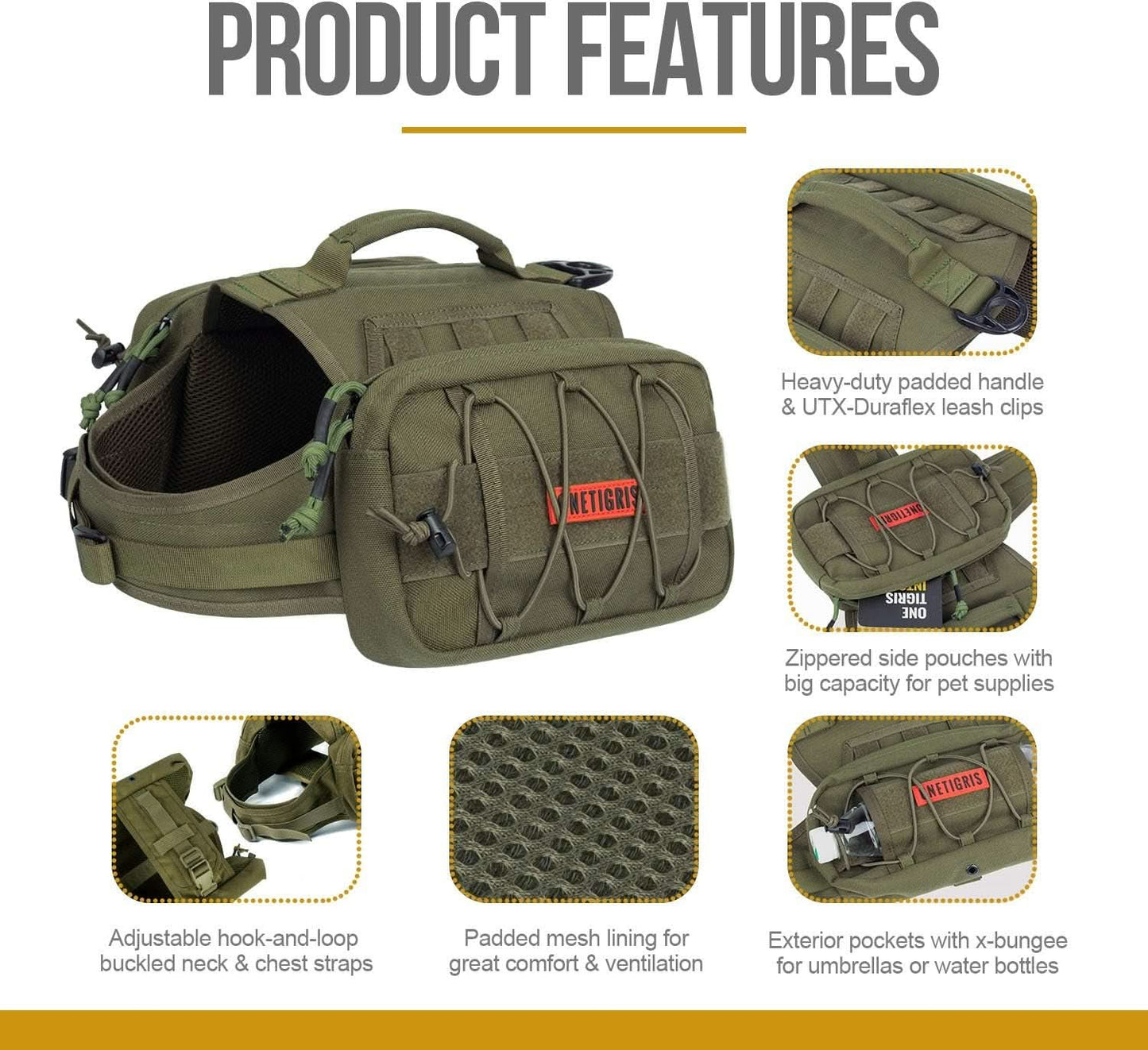 Tactical Dog Backpack for Medium and Large Breeds, Durable Nylon with Side Pockets for Hiking, Walking, Training, and Running (Green, Large)