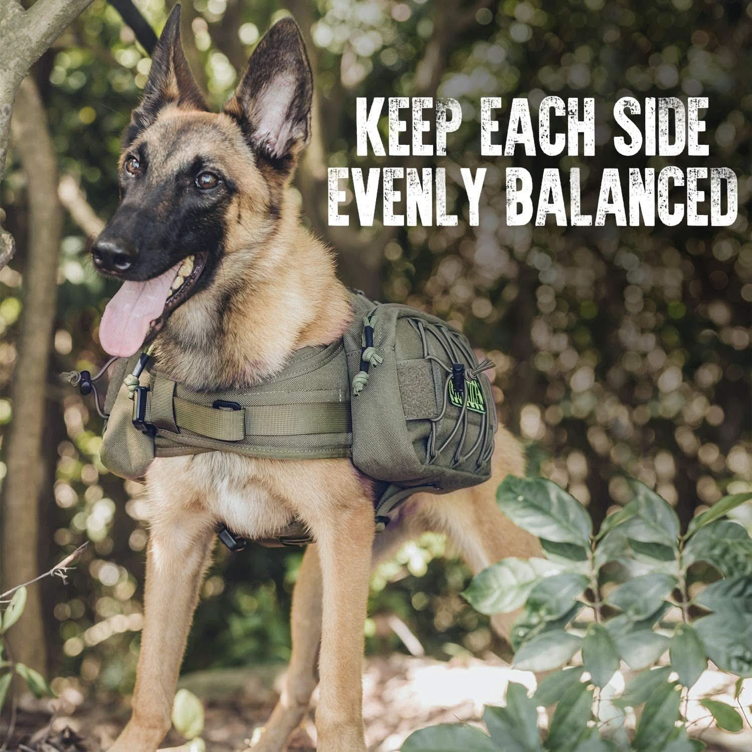 Tactical Dog Backpack for Medium and Large Breeds, Durable Nylon with Side Pockets for Hiking, Walking, Training, and Running (Green, Large)