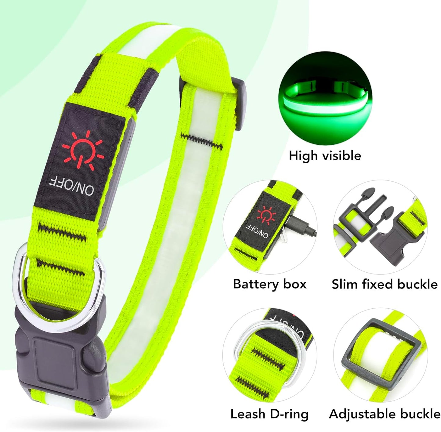 Adjustable LED Dog Collar - USB Rechargeable, Super Bright Safety Light, Glowing Dog Collar for Small Dogs (Green)