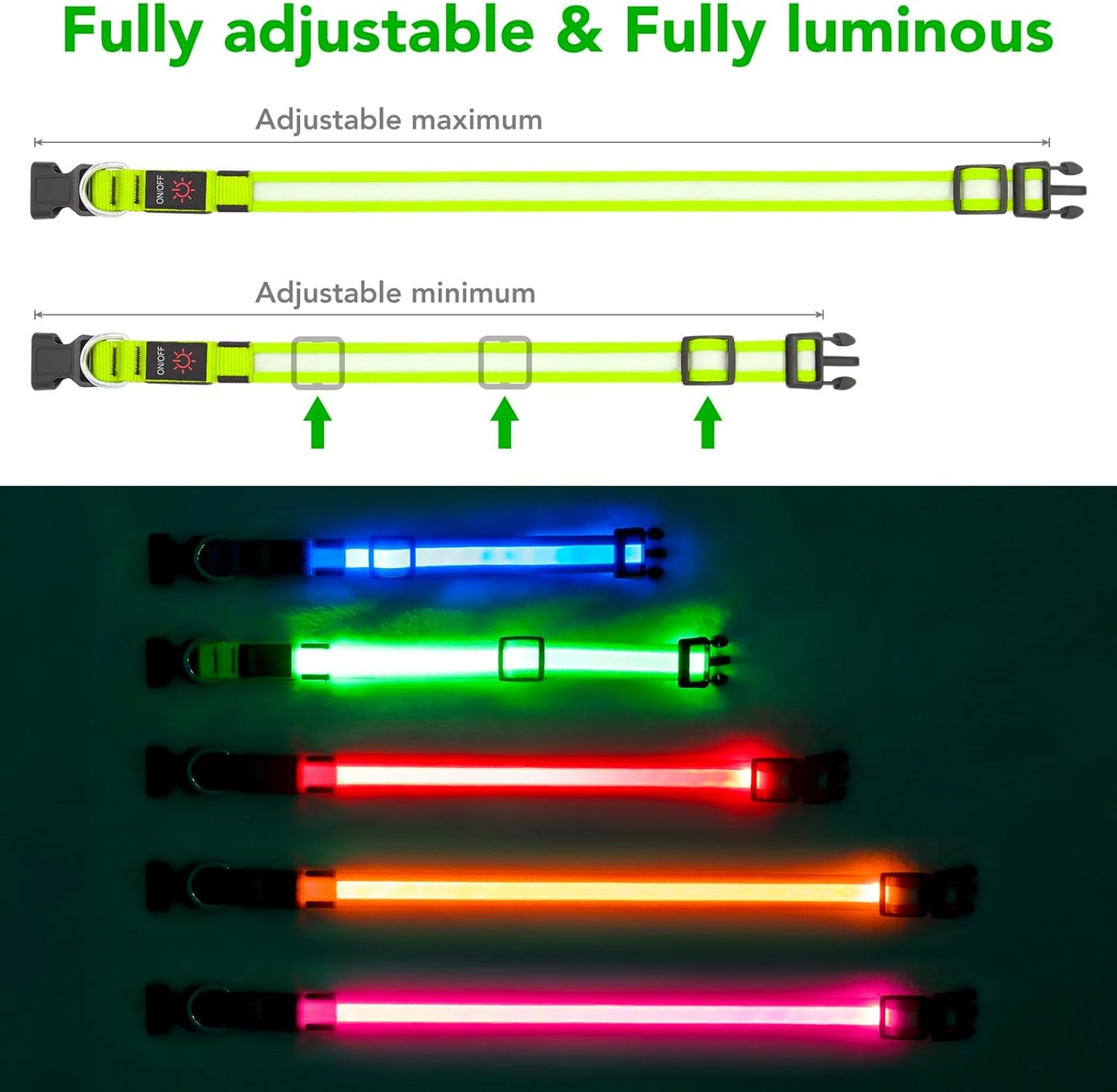 Adjustable LED Dog Collar - USB Rechargeable, Super Bright Safety Light, Glowing Dog Collar for Small Dogs (Green)