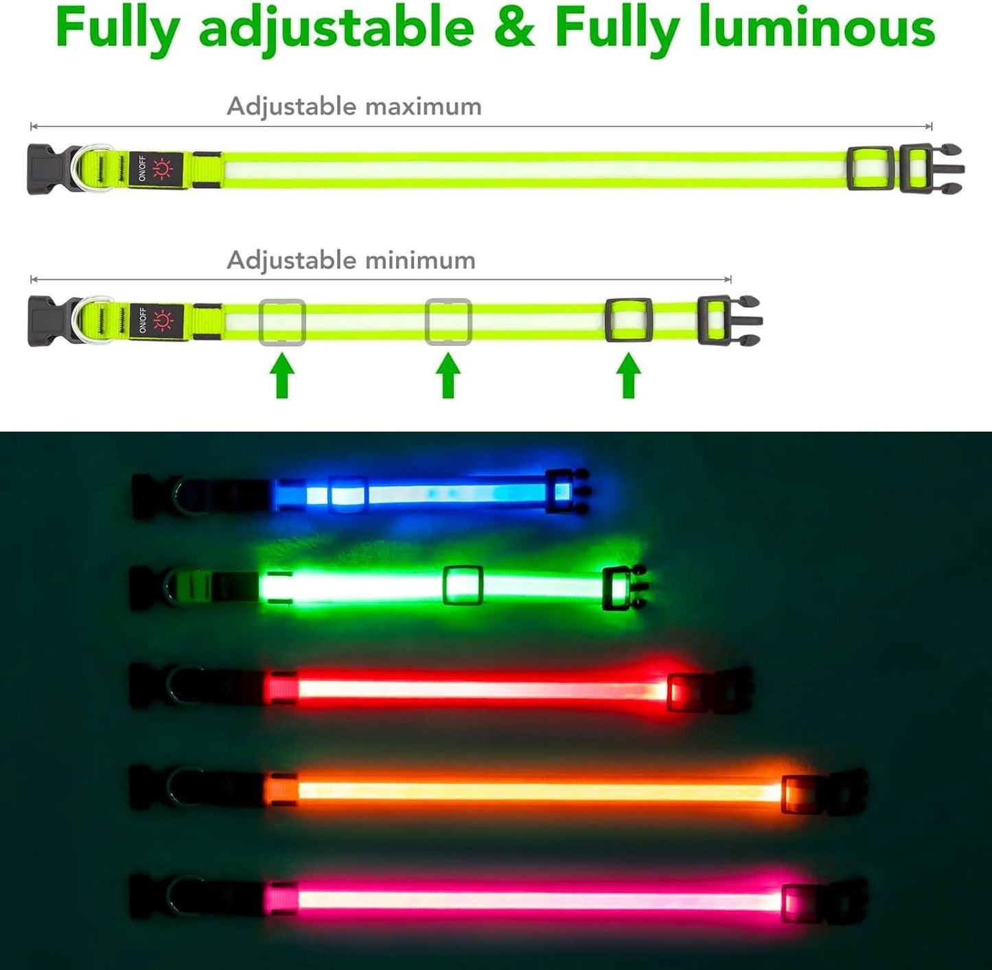 Adjustable LED Dog Collar - USB Rechargeable, Super Bright Safety Light, Glowing Dog Collar for Small Dogs (Green)