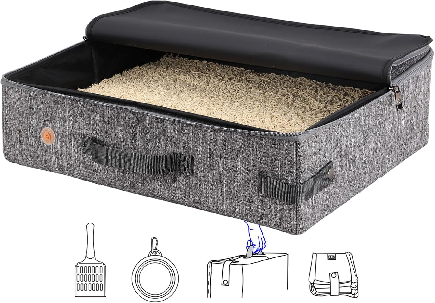 Portable Cat Travel Litter Box with Zippered Lid for Odor and Leak Prevention – Convenient for Use in Cars, Hotels, and Airplanes (Large, Grey)