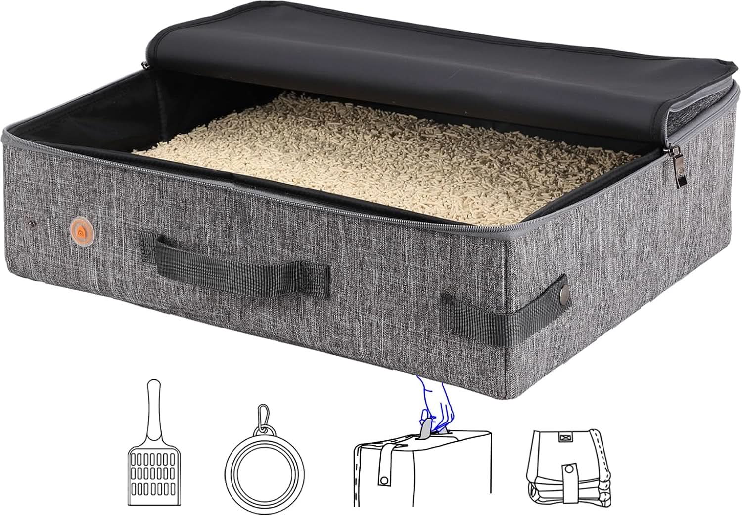 Portable Cat Travel Litter Box with Zippered Lid for Odor and Leak Prevention – Convenient for Use in Cars, Hotels, and Airplanes (Large, Grey)