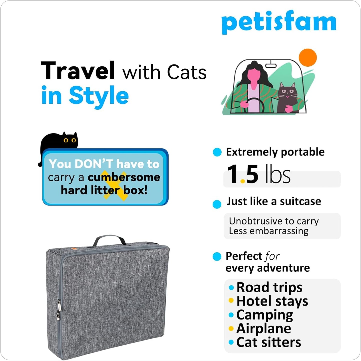 Portable Cat Travel Litter Box with Zippered Lid for Odor and Leak Prevention – Convenient for Use in Cars, Hotels, and Airplanes (Large, Grey)