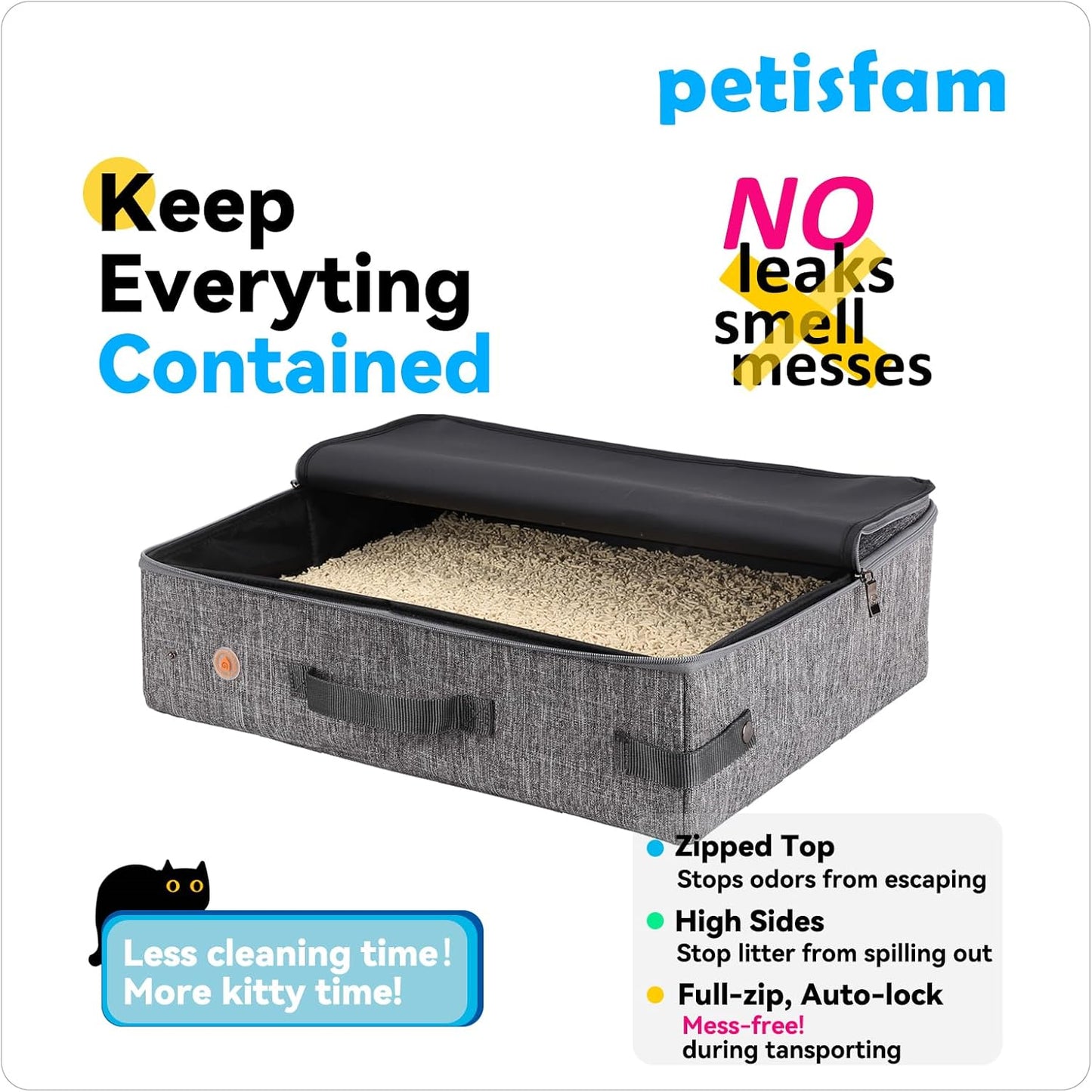 Portable Cat Travel Litter Box with Zippered Lid for Odor and Leak Prevention – Convenient for Use in Cars, Hotels, and Airplanes (Large, Grey)