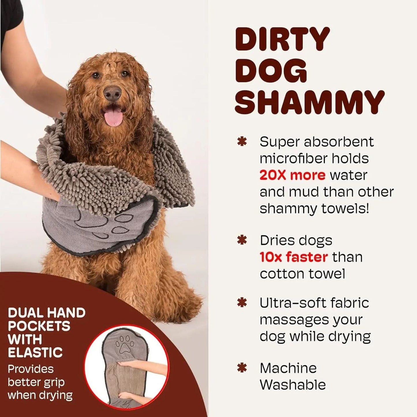 Ultra-Absorbent Microfiber Shammy Towel with Dual Hand Pockets and Elastic - Fast-Drying, Machine Washable, Grey