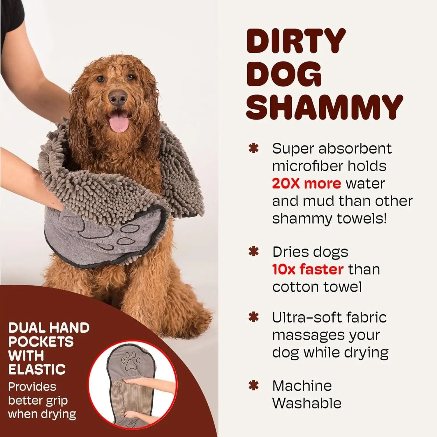Ultra-Absorbent Microfiber Shammy Towel with Dual Hand Pockets and Elastic - Fast-Drying, Machine Washable, Grey