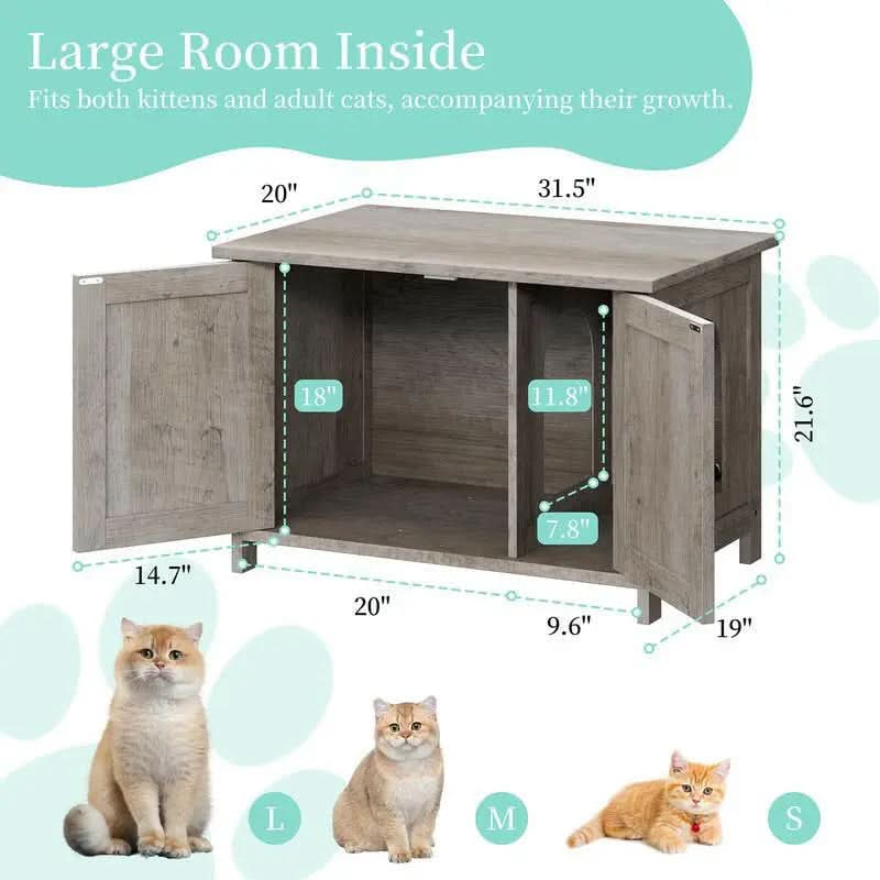 Walsunny Cat Litter Box Furniture with Removable Divider Hidden Enclosure and End Table White Brown Gray Wood Adjustable System for Personalized Configurations Double Door Design