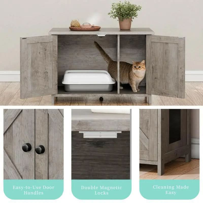 Walsunny Cat Litter Box Furniture with Removable Divider Hidden Enclosure and End Table White Brown Gray Wood Adjustable System for Personalized Configurations Double Door Design