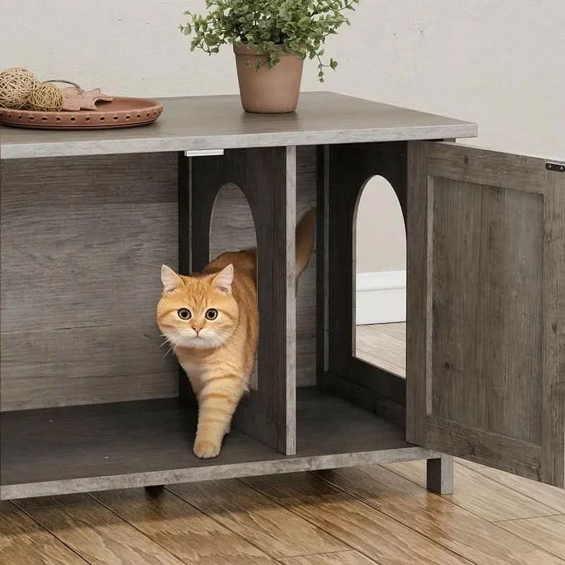 Walsunny Cat Litter Box Furniture with Removable Divider Hidden Enclosure and End Table White Brown Gray Wood Adjustable System for Personalized Configurations Double Door Design