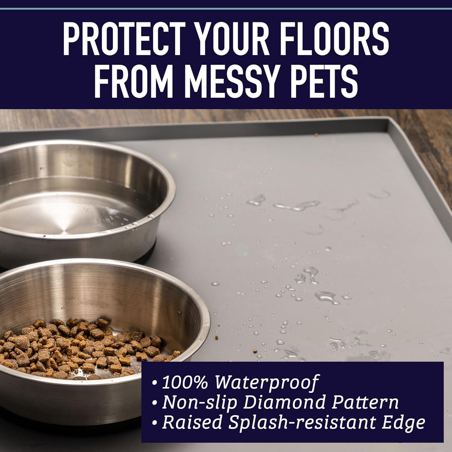 Extra Large Silicone Dog Water Bowl Mat - 25" x 17" Gray - Tall Lip & Non-Slip Base - Waterproof Pet Food Mat