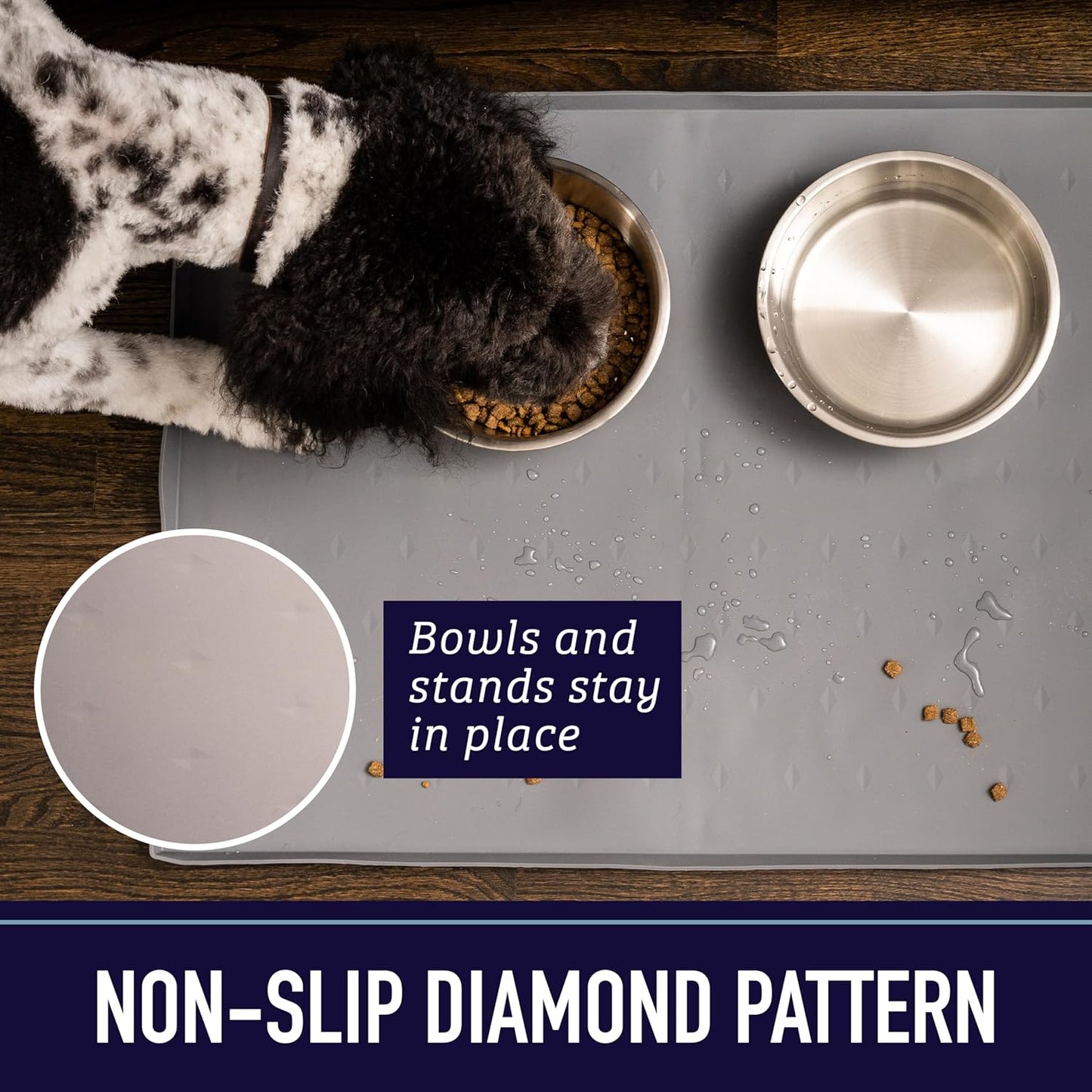 Extra Large Silicone Dog Water Bowl Mat - 25" x 17" Gray - Tall Lip & Non-Slip Base - Waterproof Pet Food Mat