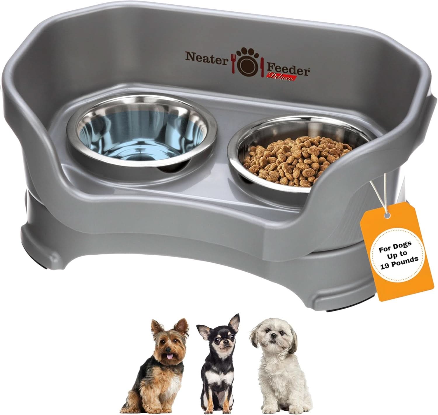 Deluxe Elevated Feeding Station for Small Dogs under 19 lbs - Mess-Proof and Spill-Proof Dog Bowl Set, Made in the USA, Grey