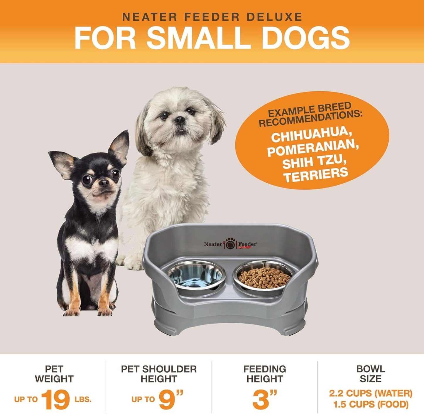 Deluxe Elevated Feeding Station for Small Dogs under 19 lbs - Mess-Proof and Spill-Proof Dog Bowl Set, Made in the USA, Grey