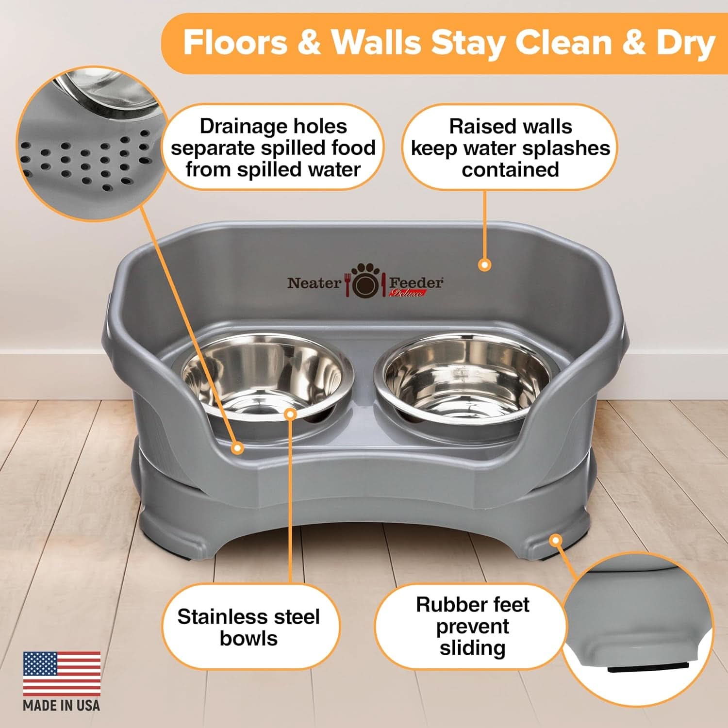 Deluxe Elevated Feeding Station for Small Dogs under 19 lbs - Mess-Proof and Spill-Proof Dog Bowl Set, Made in the USA, Grey