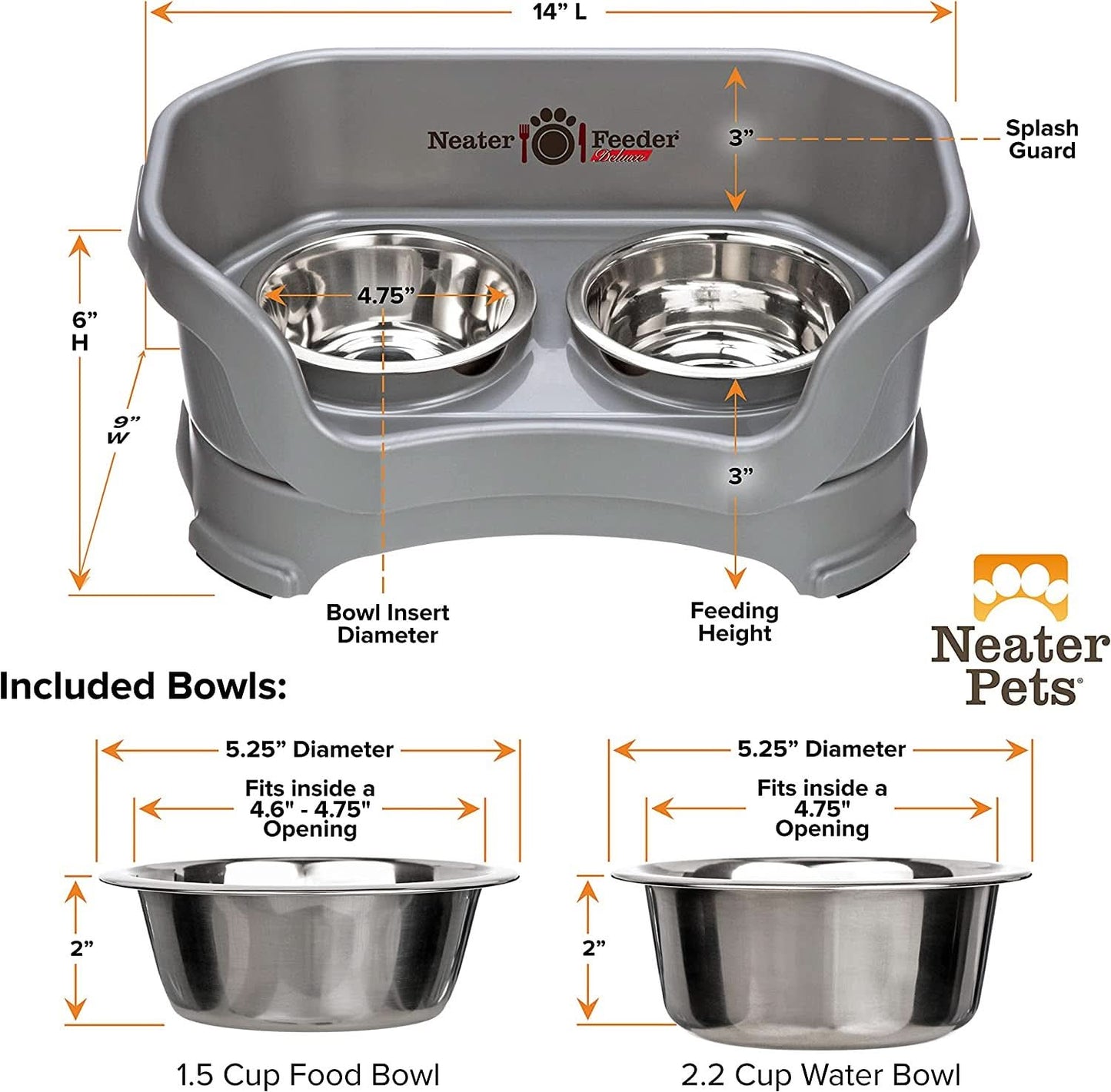 Deluxe Elevated Feeding Station for Small Dogs under 19 lbs - Mess-Proof and Spill-Proof Dog Bowl Set, Made in the USA, Grey