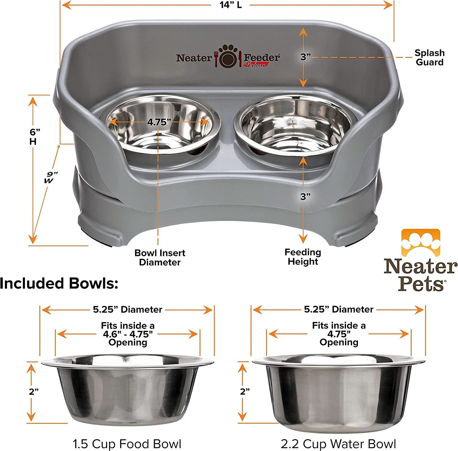 Deluxe Elevated Feeding Station for Small Dogs under 19 lbs - Mess-Proof and Spill-Proof Dog Bowl Set, Made in the USA, Grey