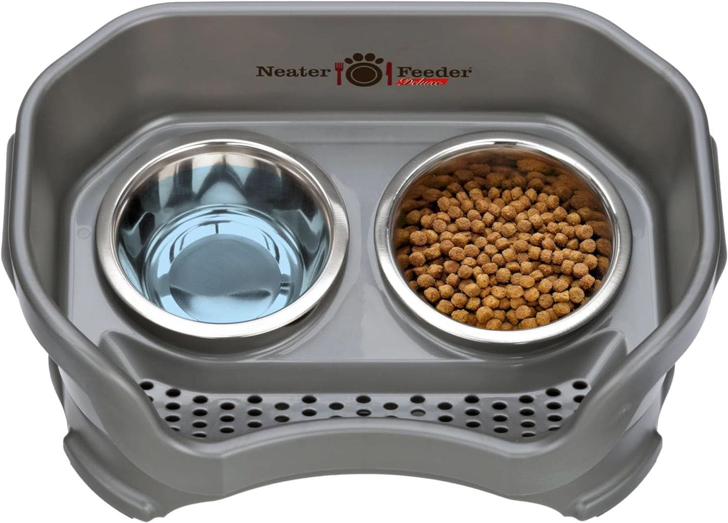 Deluxe Elevated Feeding Station for Small Dogs under 19 lbs - Mess-Proof and Spill-Proof Dog Bowl Set, Made in the USA, Grey