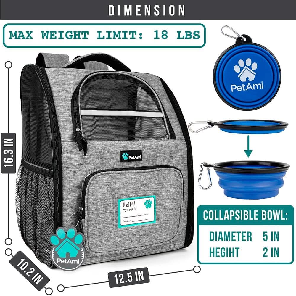 Ventilated Dog and Cat Backpack Carrier for Travel, Hiking, and Camping - Airline Approved, Fits Pets Up to 18 lbs, Grey
