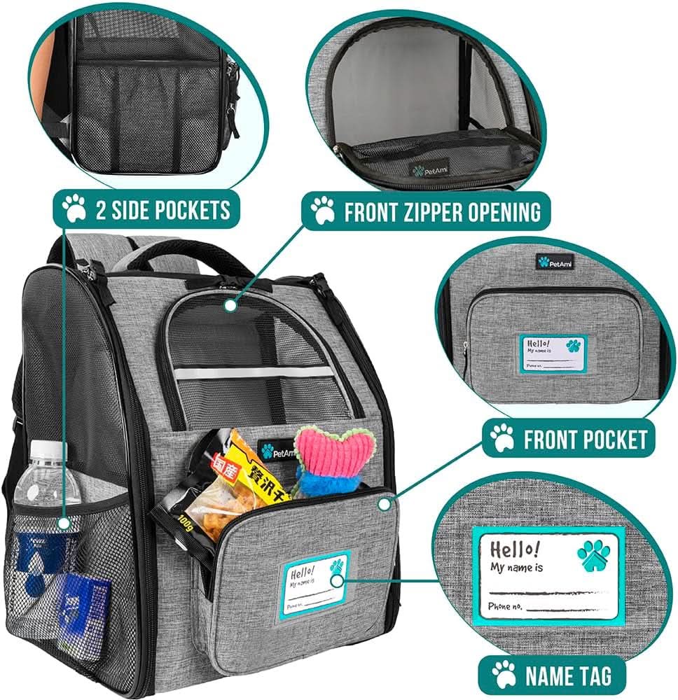 Ventilated Dog and Cat Backpack Carrier for Travel, Hiking, and Camping - Airline Approved, Fits Pets Up to 18 lbs, Grey