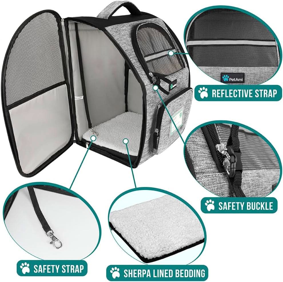 Ventilated Dog and Cat Backpack Carrier for Travel, Hiking, and Camping - Airline Approved, Fits Pets Up to 18 lbs, Grey