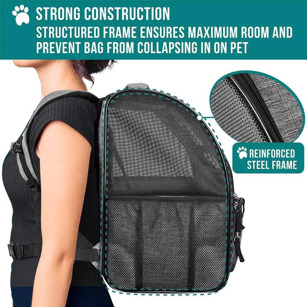 Ventilated Dog and Cat Backpack Carrier for Travel, Hiking, and Camping - Airline Approved, Fits Pets Up to 18 lbs, Grey