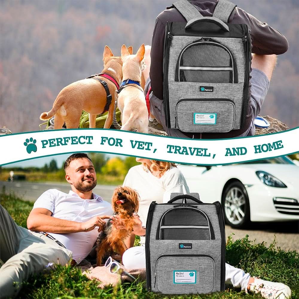 Ventilated Dog and Cat Backpack Carrier for Travel, Hiking, and Camping - Airline Approved, Fits Pets Up to 18 lbs, Grey