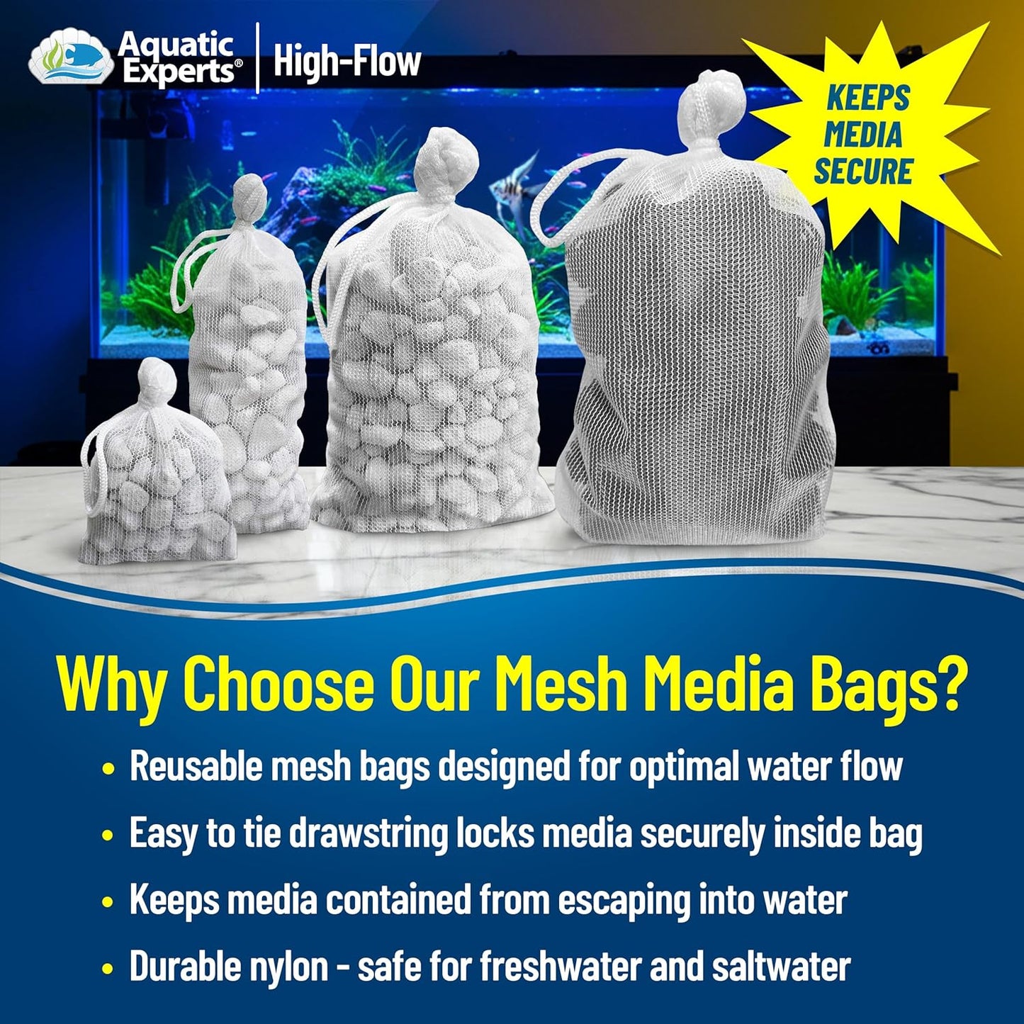 High Flow Filter Media Bags - Durable Drawstring Bags for Aquariums and Ponds, 3” X 8” - Pack of 4 (White)
