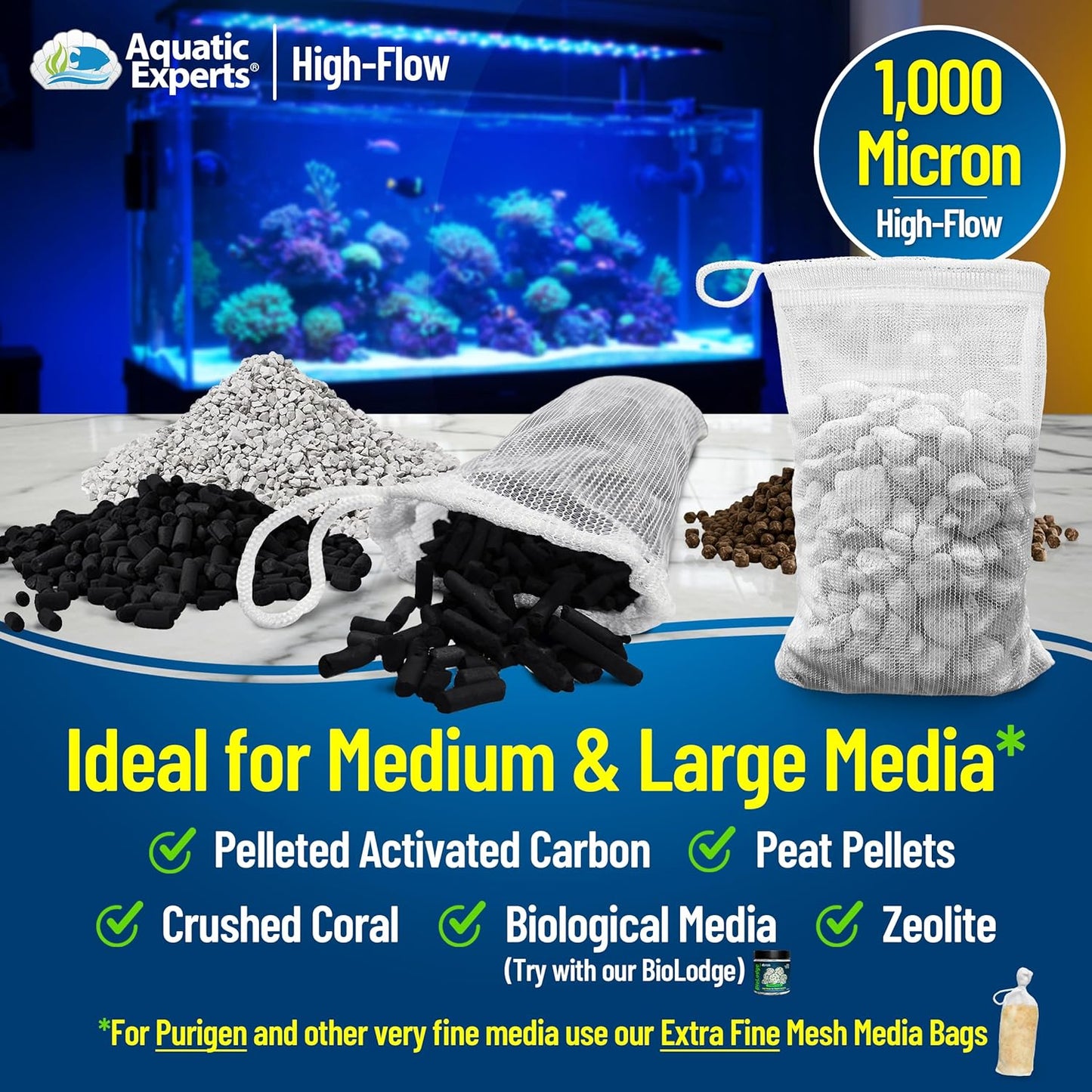 High Flow Filter Media Bags - Durable Drawstring Bags for Aquariums and Ponds, 3” X 8” - Pack of 4 (White)