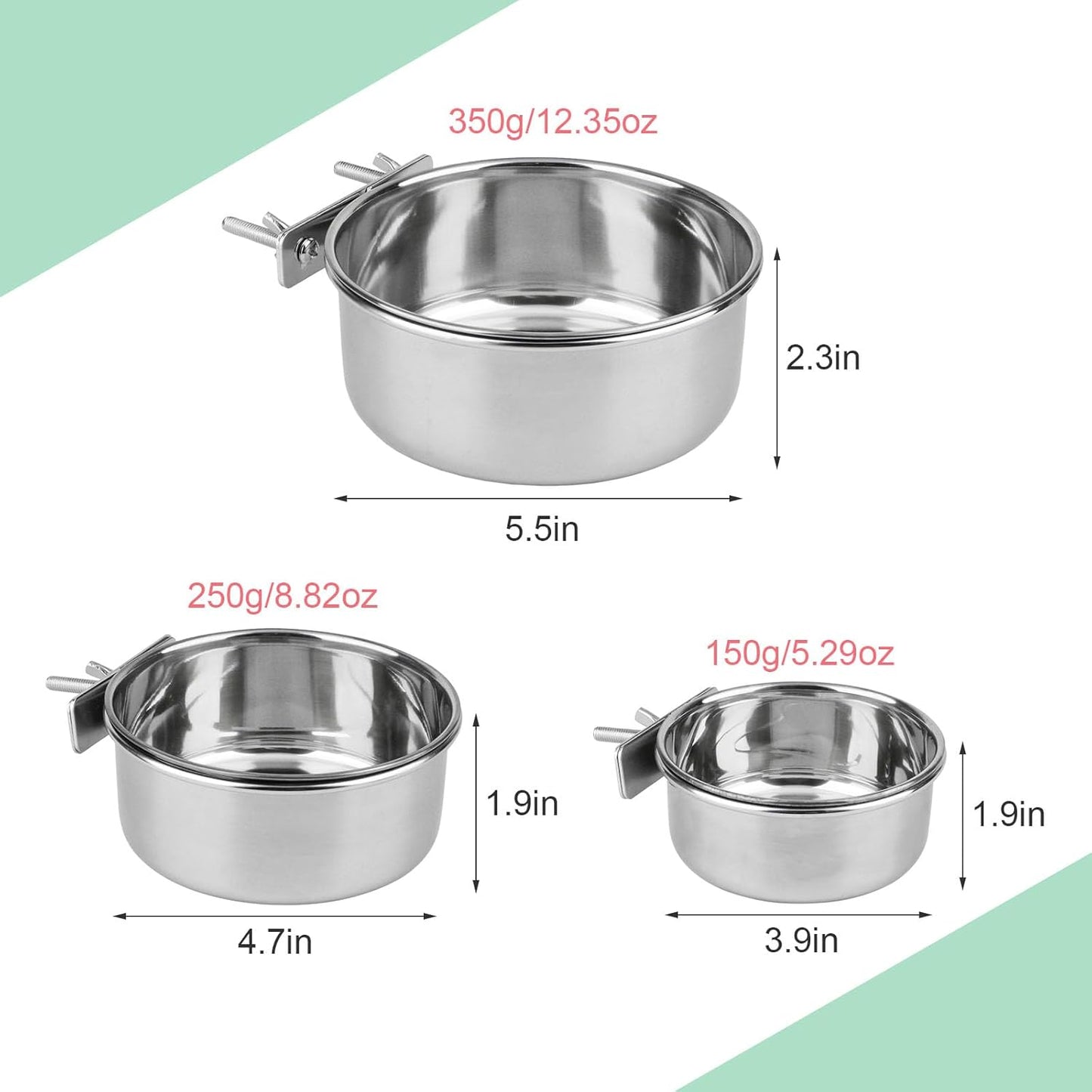 Large Stainless Steel Bird Food and Water Bowl for Parrots, Parakeets, Dogs, Cats, and Rabbits (5.5 x 2.3 inches)
