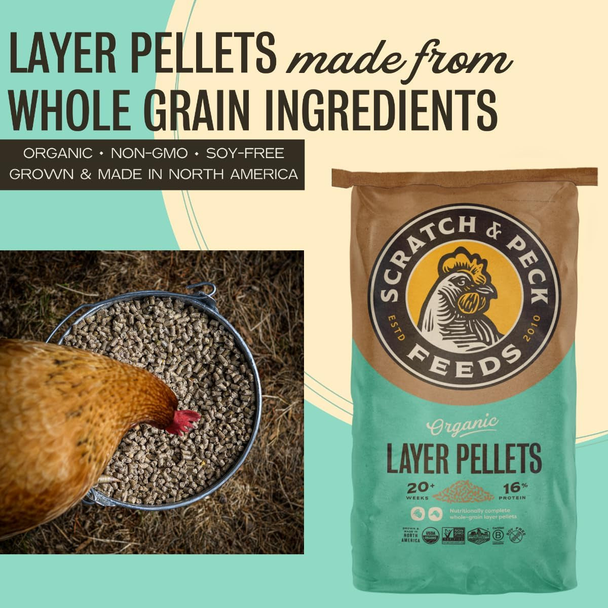 Organic Whole Grain Layer Pellets for Chickens and Ducks - 25 lb Bag - Corn-Free, Soy-Free, 16% Protein, Non-GMO Project Verified