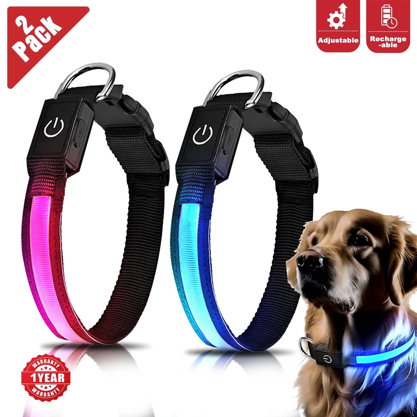 LED Light up Dog Collar, USB Rechargeable, Waterproof Glowing Pet Safety Collar, Adjustable Nylon for Medium Dogs