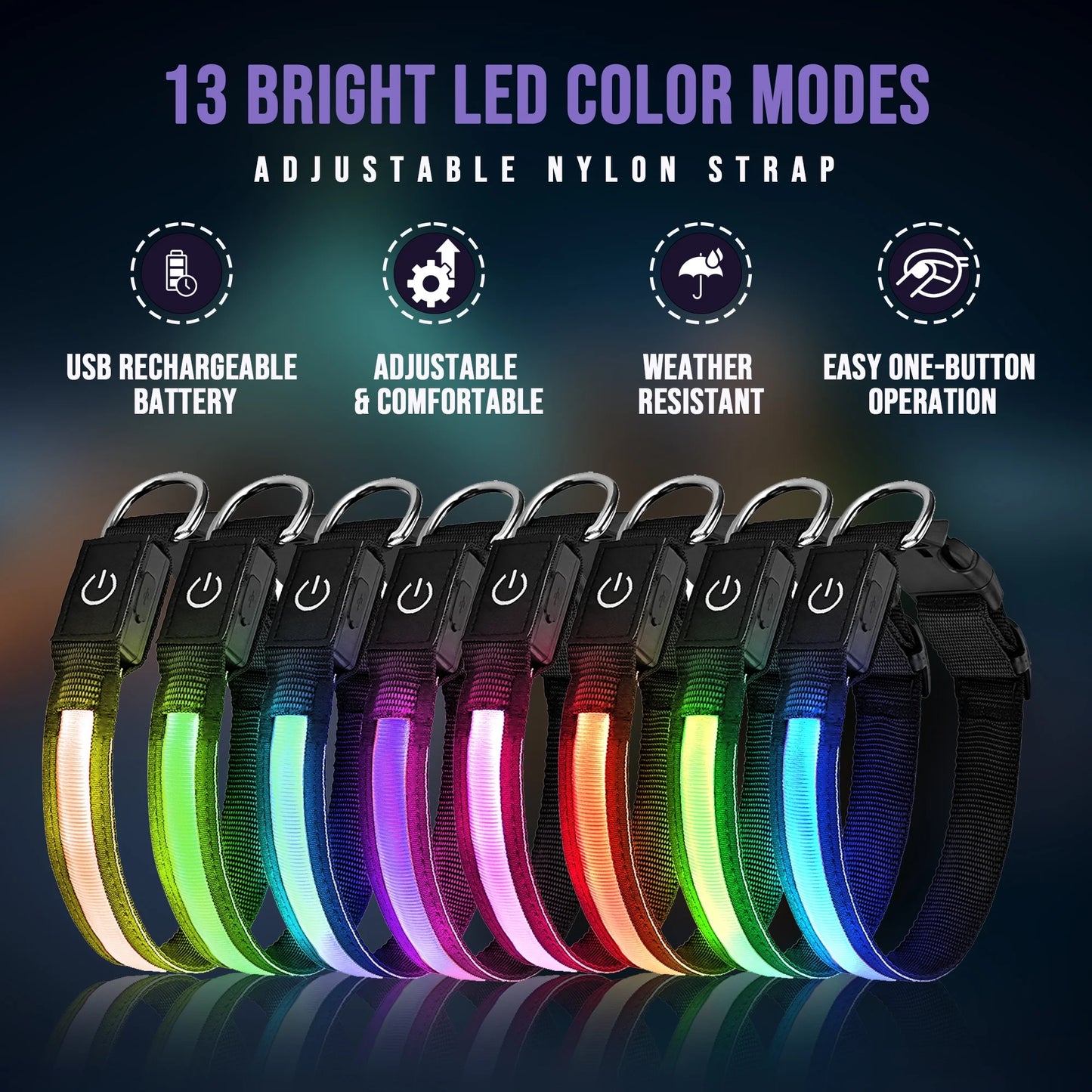 LED Light up Dog Collar, USB Rechargeable, Waterproof Glowing Pet Safety Collar, Adjustable Nylon for Medium Dogs