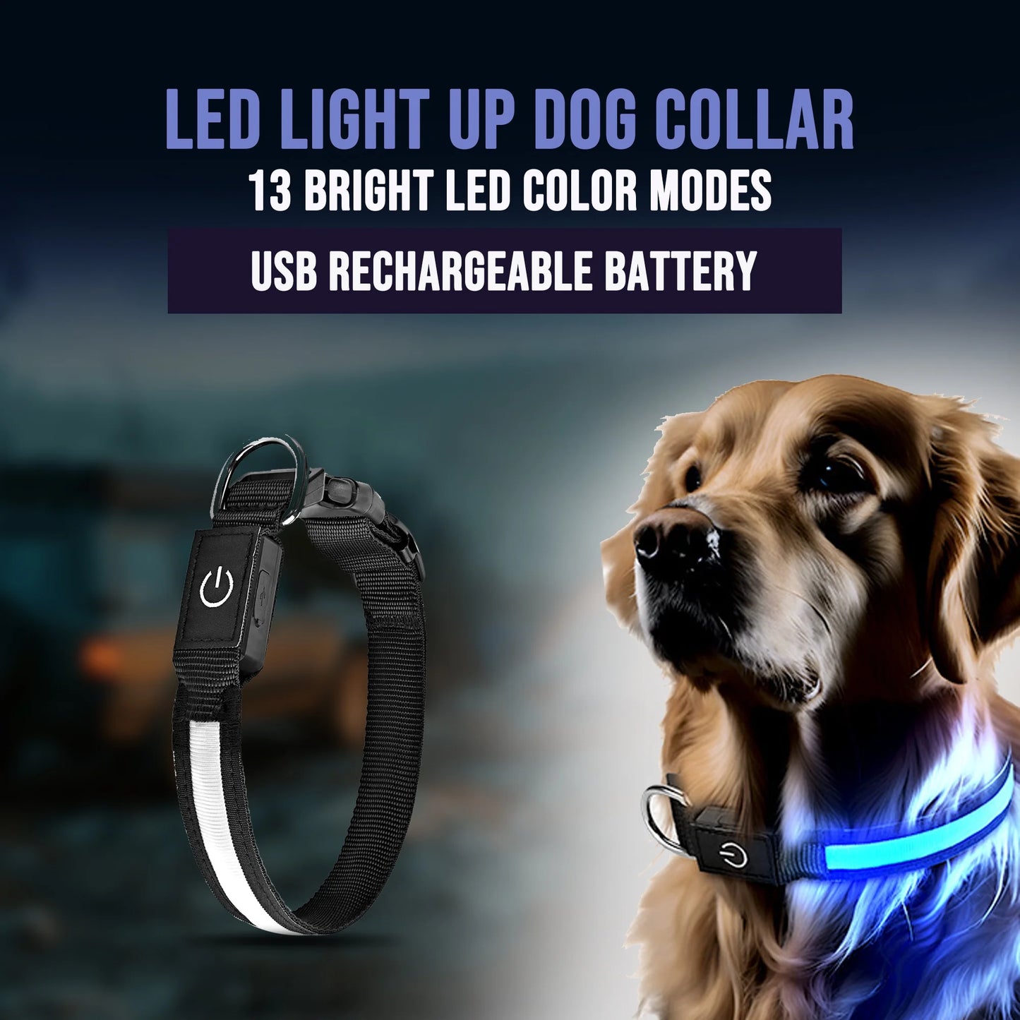 LED Light up Dog Collar, USB Rechargeable, Waterproof Glowing Pet Safety Collar, Adjustable Nylon for Medium Dogs