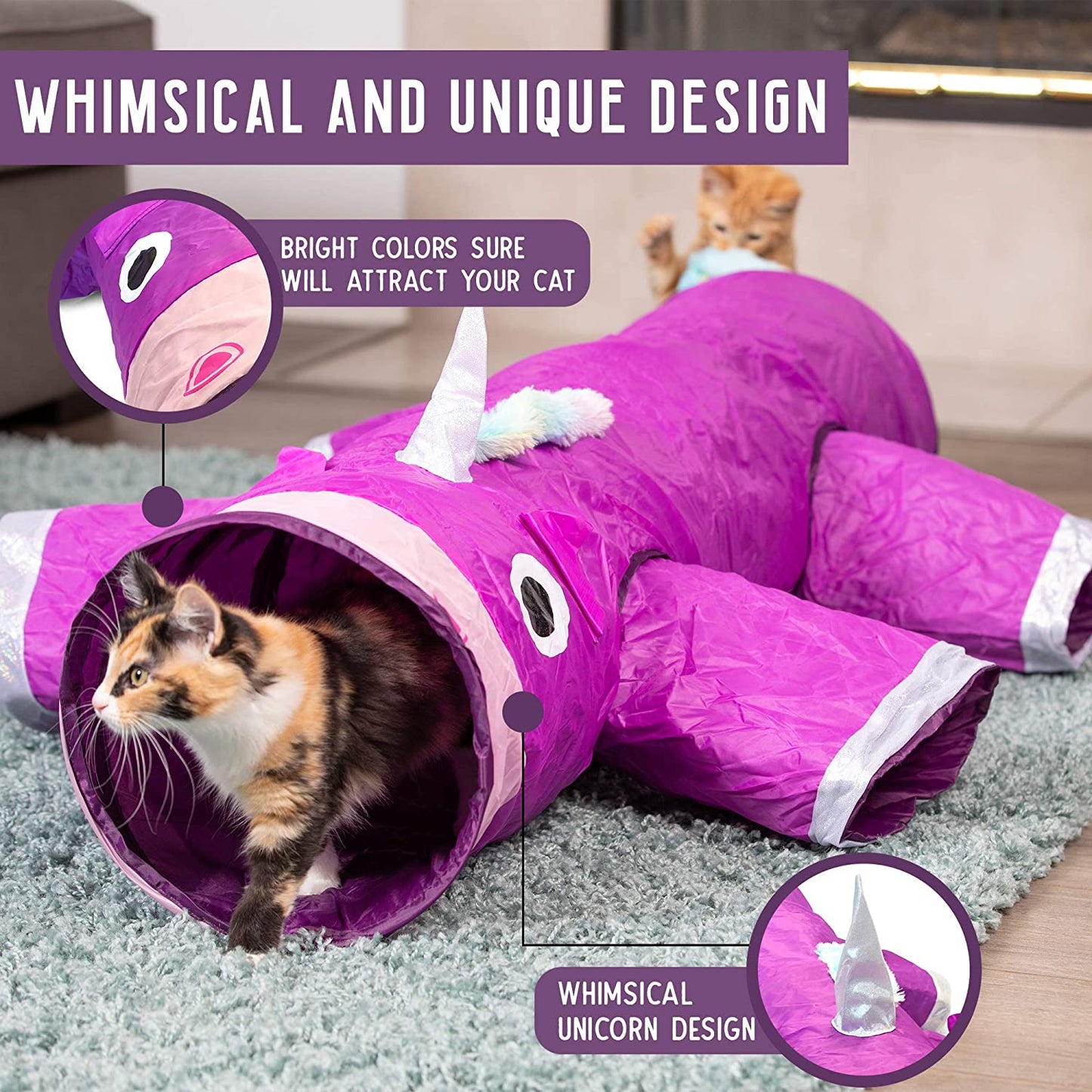 Magic Mewnicorn Multi-Cat Tunnel Toy for Boredom Relief with Crinkle Feather String, Suitable for Dogs, Cats, Rabbits, Kittens, and Guinea Pigs for Hiding, Hunting, and Resting