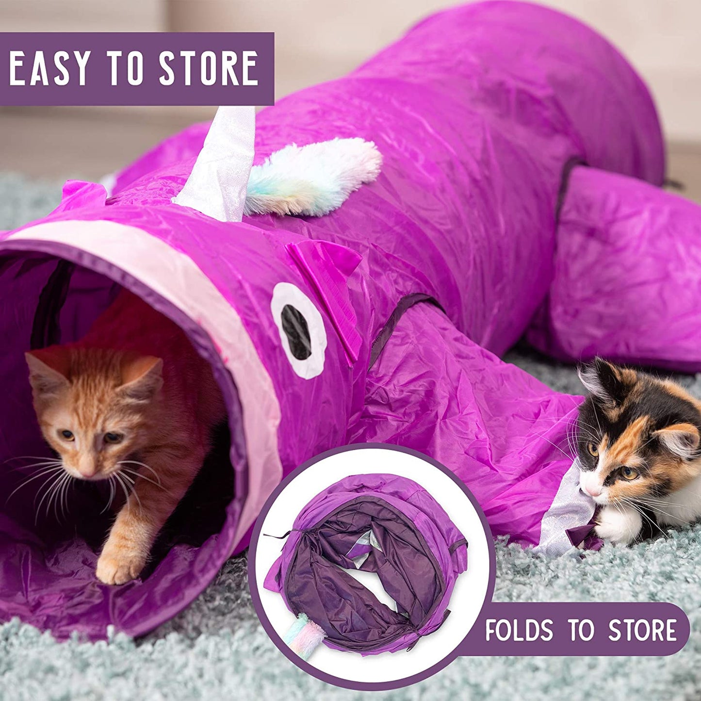 Magic Mewnicorn Multi-Cat Tunnel Toy for Boredom Relief with Crinkle Feather String, Suitable for Dogs, Cats, Rabbits, Kittens, and Guinea Pigs for Hiding, Hunting, and Resting