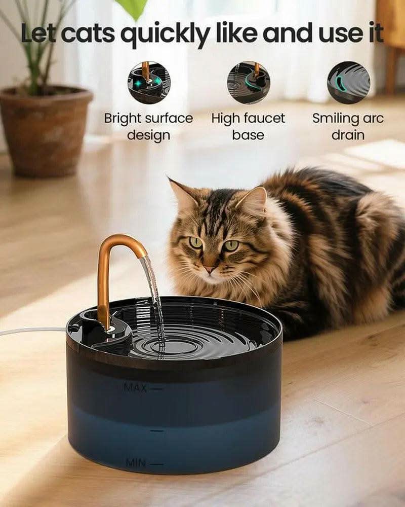 DOOOB Matte Black Ultra-Quiet Cat Water Fountain | 2.1L + 6-Layer Filter + Copper Spout + Night Light