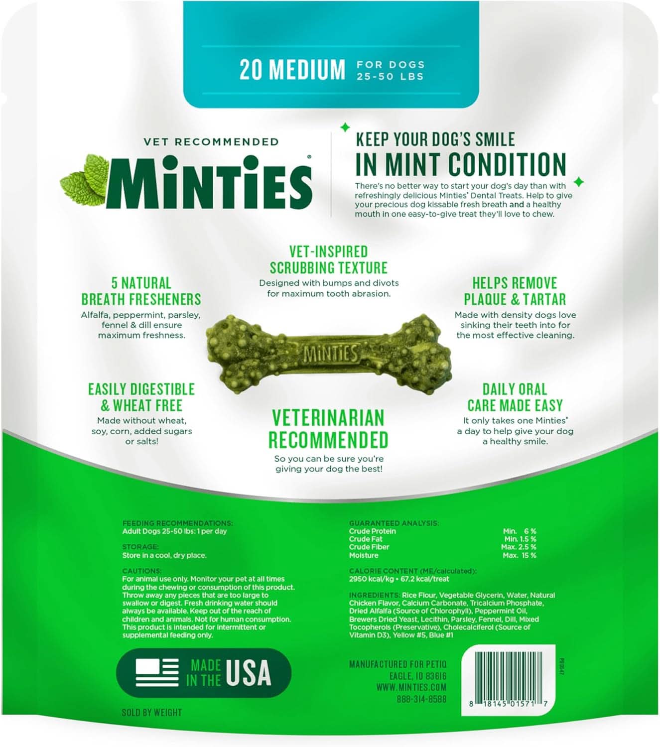 Dental Chews for Medium Dogs (25-50 lbs) - 20 Count, Vet-Recommended Mint-Flavored Treats for Dental Health, Fresh Breath, and Plaque Removal