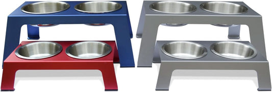 Elevated Dog and Cat Bowls - Premium Anodized Aluminum Feeder (Short 4") with Food Grade Stainless Steel Raised Bowls, Metallic Gray