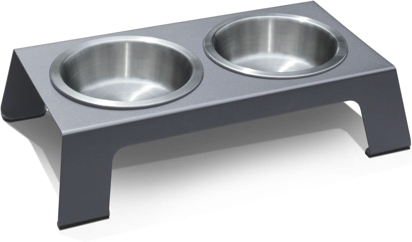 Elevated Dog and Cat Bowls - Premium Anodized Aluminum Feeder (Short 4") with Food Grade Stainless Steel Raised Bowls, Metallic Gray