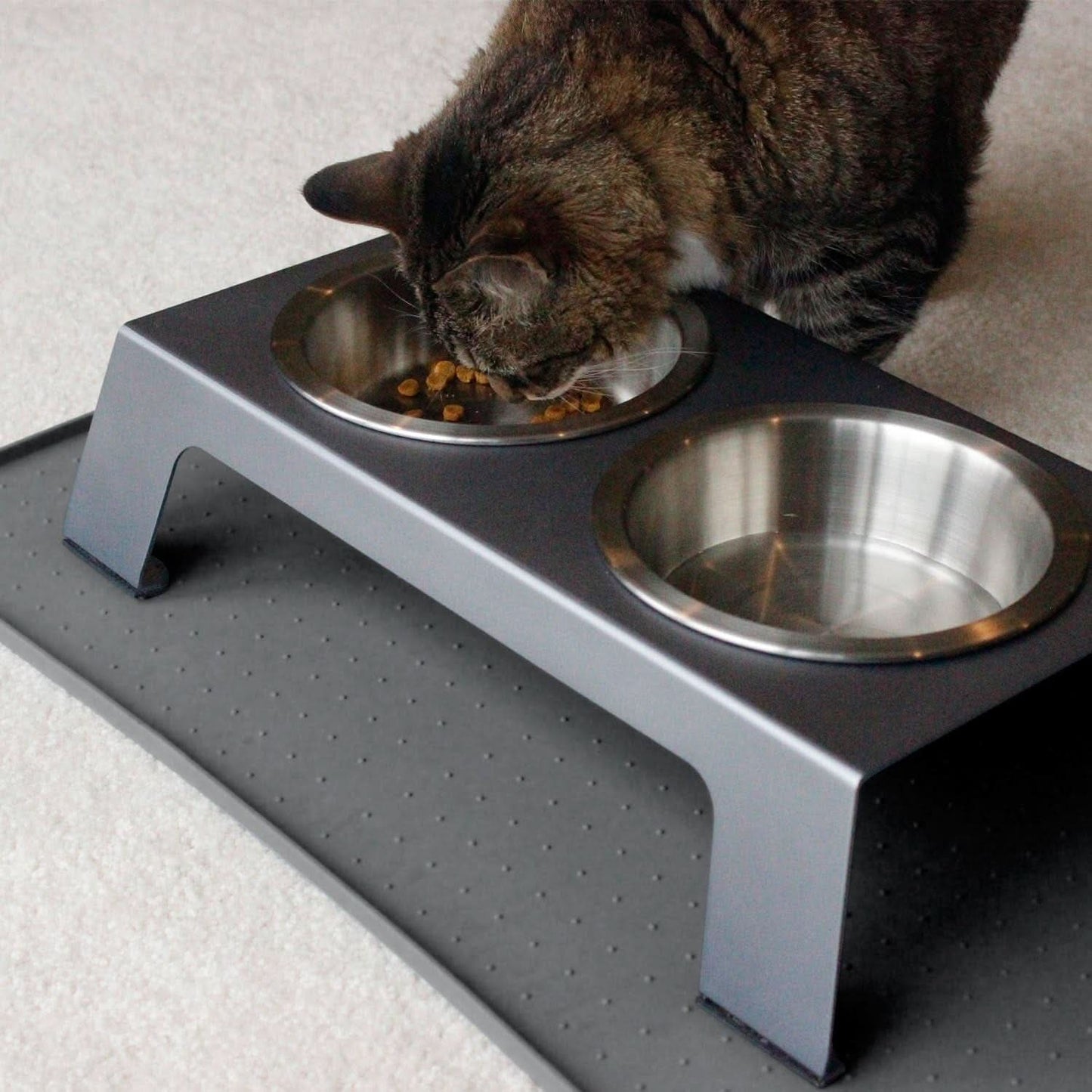 Elevated Dog and Cat Bowls - Premium Anodized Aluminum Feeder (Short 4") with Food Grade Stainless Steel Raised Bowls, Metallic Gray