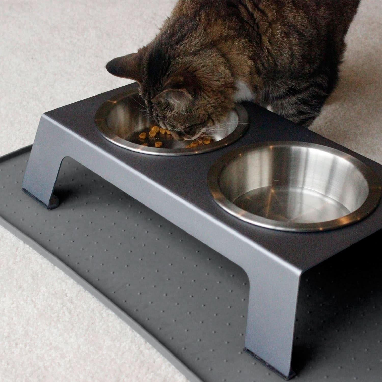 Elevated Dog and Cat Bowls - Premium Anodized Aluminum Feeder (Short 4") with Food Grade Stainless Steel Raised Bowls, Metallic Gray