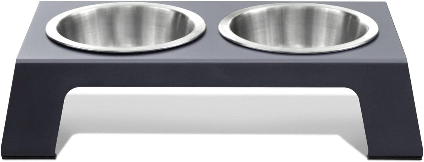 Elevated Dog and Cat Bowls - Premium Anodized Aluminum Feeder (Short 4") with Food Grade Stainless Steel Raised Bowls, Metallic Gray