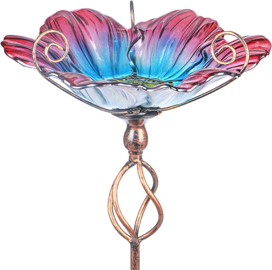 31-Inch Glass Birdbath and Birdfeeder with Metal Stake for Garden and Outdoor Use
