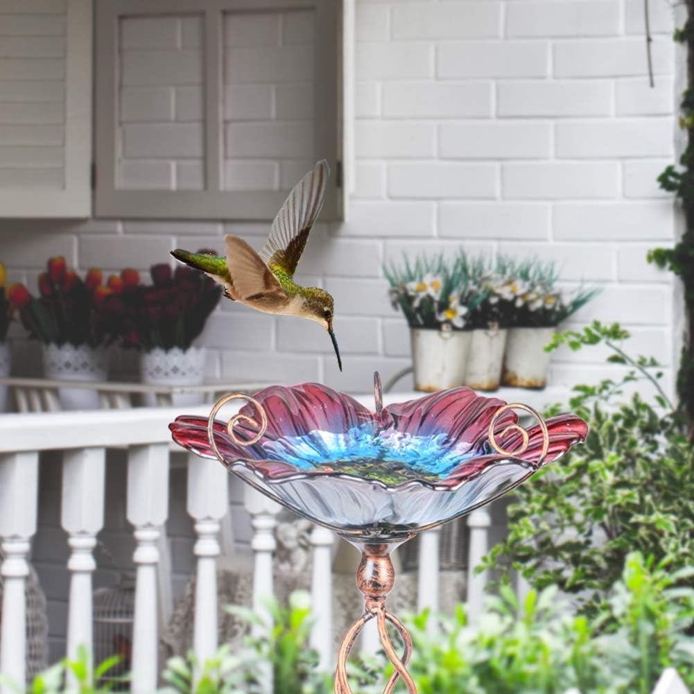31-Inch Glass Birdbath and Birdfeeder with Metal Stake for Garden and Outdoor Use